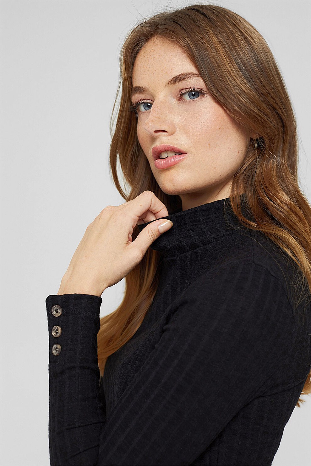 Esprit, Pulover cu striatii si guler ridicat, Negru