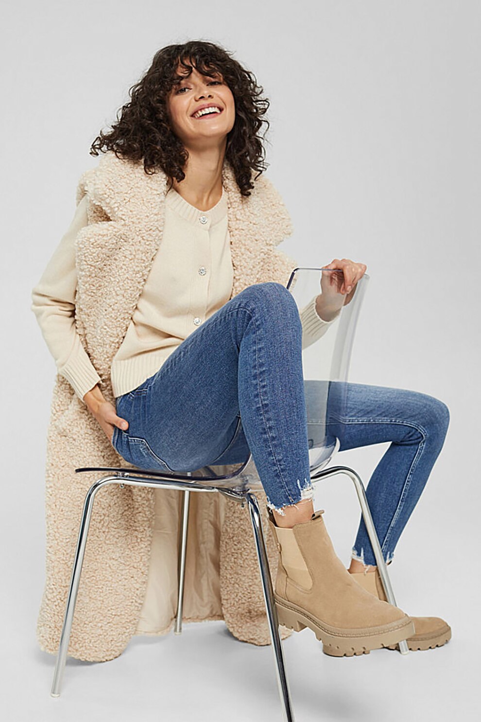 Esprit, Blugi skinny cu talie inalta, Albastru