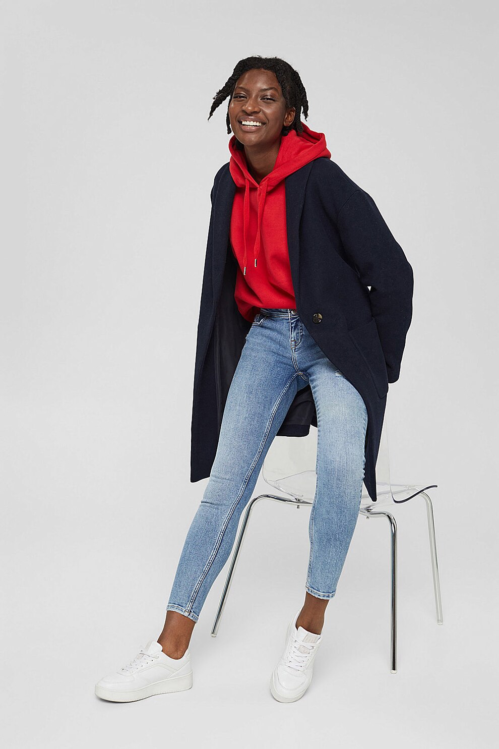 Esprit, Blugi skinny cu talie inalta, Albastru deschis