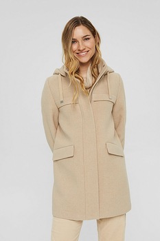 EDC by Esprit, Palton din amestec de lana cu gluga, Bej, L EDC by Esprit, Palton din amestec de lana cu gluga, Bej, L