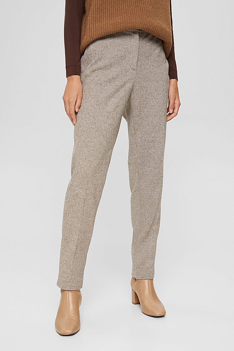 Esprit, Pantaloni texturati cu talie inalta, maro melange