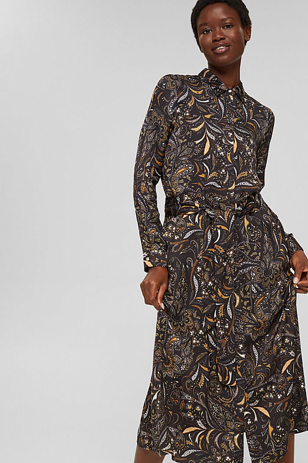 Esprit, Rochie evazata cu imprimeu si cordon asortat, Maro/Galben, S