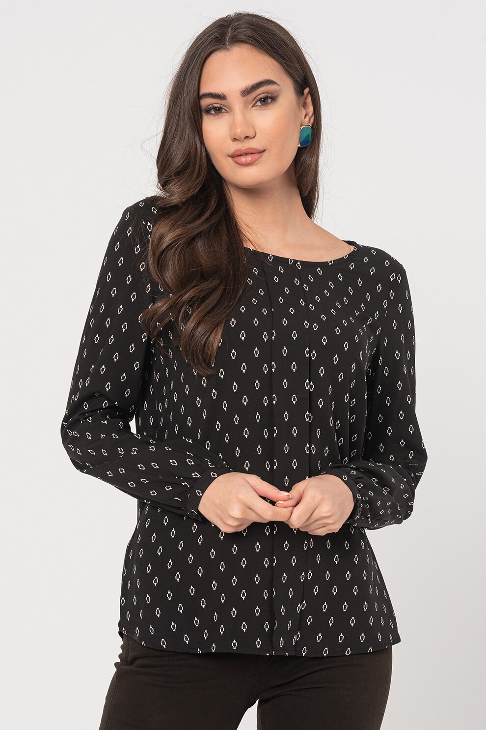 EDC by Esprit, Bluza cu decolteu rotund si imprimeu grafic, Negru/Alb/Maro inchis