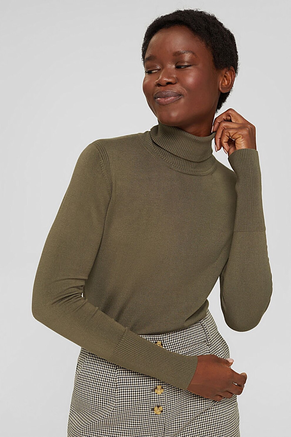 Esprit, Pulover tricotat fin cu guler inalt, Kaki