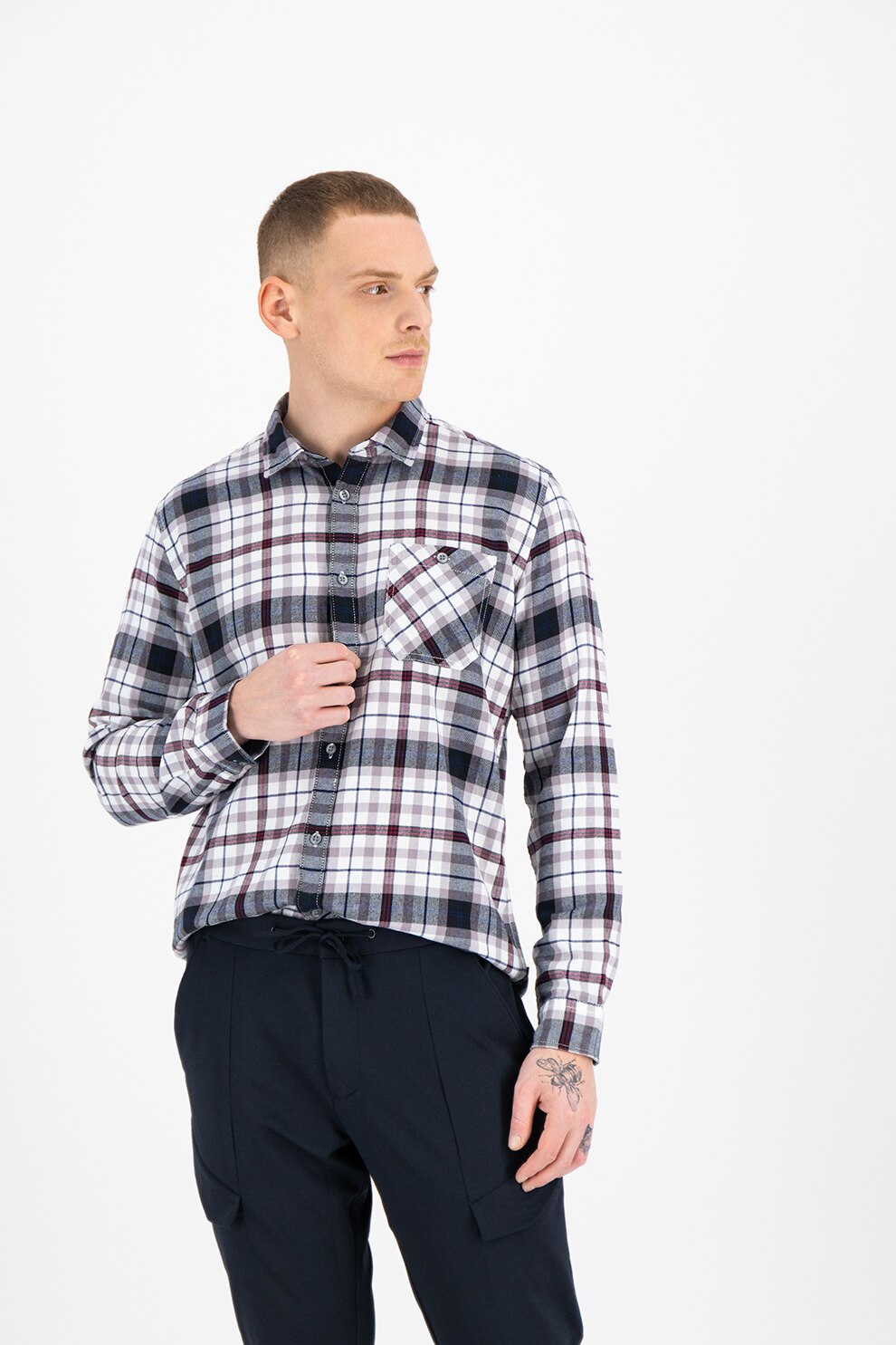 EDC by Esprit, Camasa din bumbac cu model in carouri si maneci lungi, Alb prafuit/Bleumarin inchis/Rosu inchis