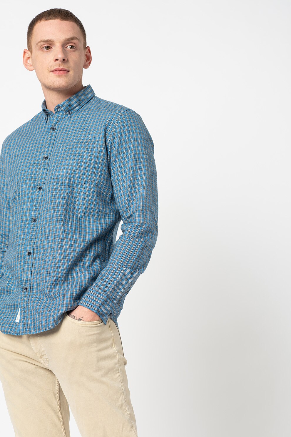 Esprit, Camasa slim fit de bumbac organic cu model in carouri, Albastru/Alb/Negru