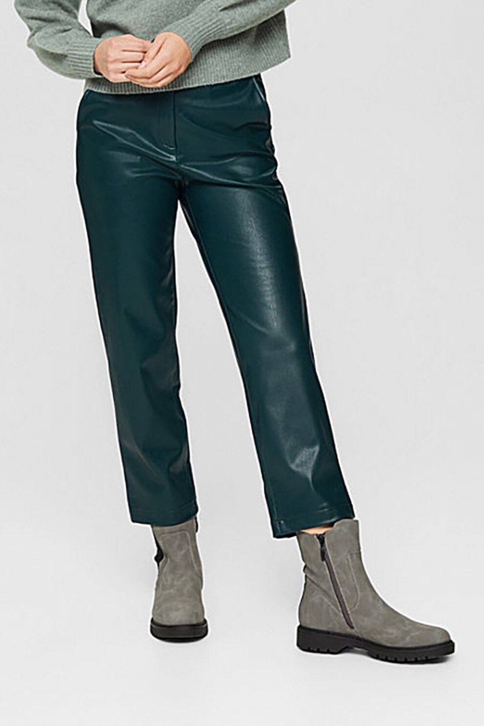 Esprit, Pantaloni drepti de piele ecologica, Verde englez