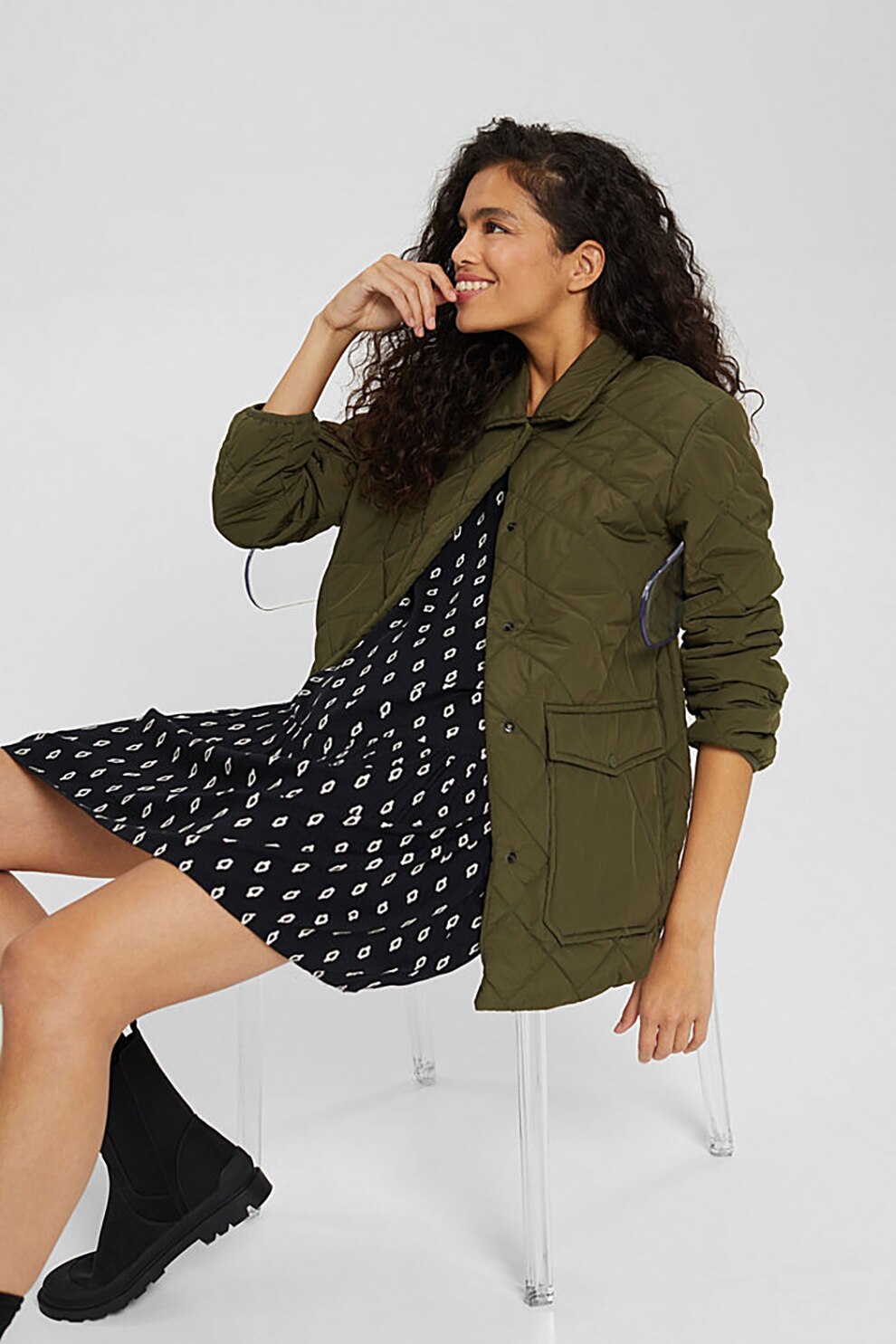 EDC by Esprit, Rochie mini evazata cu model, Negru/Alb