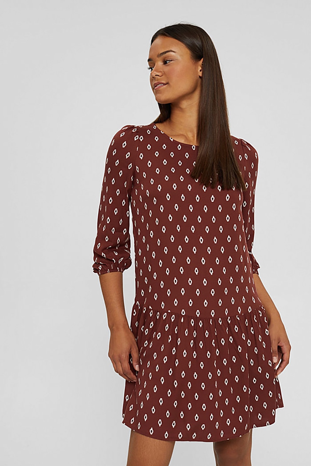 EDC by Esprit, Rochie mini evazata cu model, Maro coniac/Alb