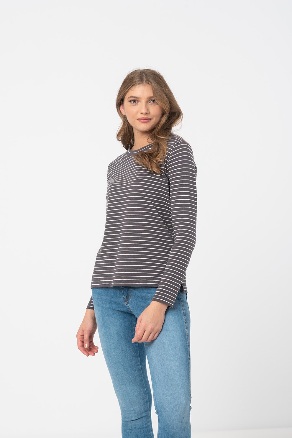 Esprit, Bluza de bumbac in dungi cu detaliu inima, Gri inchis/Alb