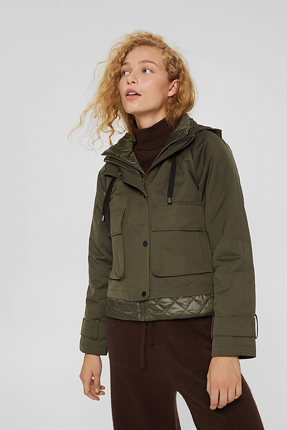 EDC by Esprit, Geaca cu gluga si detalii matlasate, Verde militar