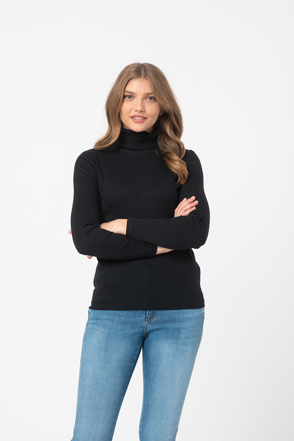 Esprit, Bluza din amestec de bumbac organic si modal cu guler inalt, Negru