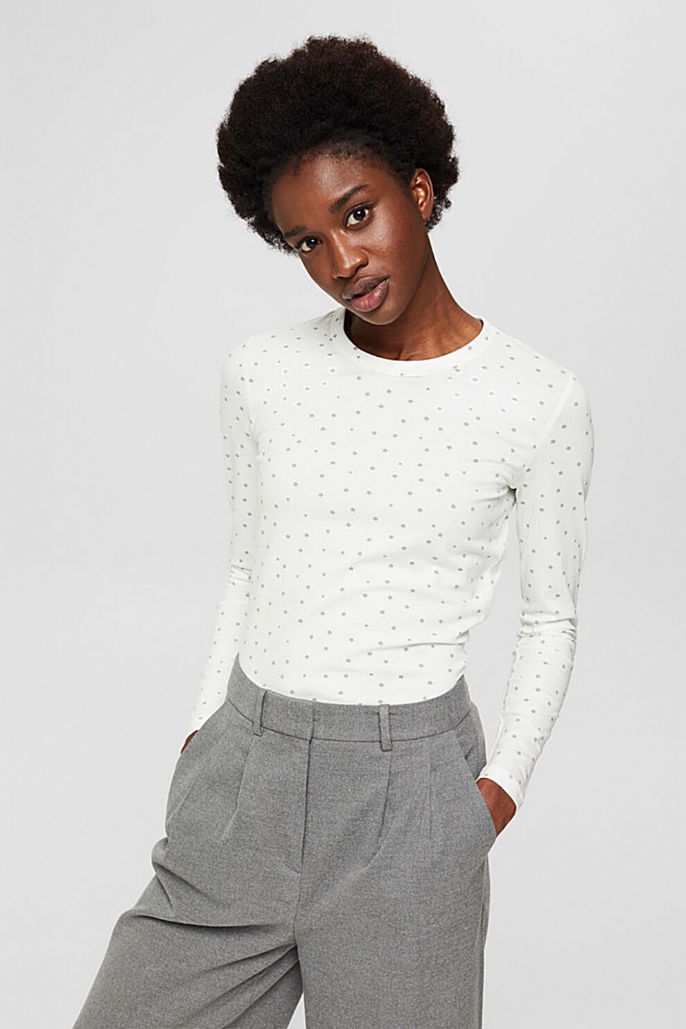 Esprit, Bluza din amestec de bumbac organic cu imprimeu, Alb