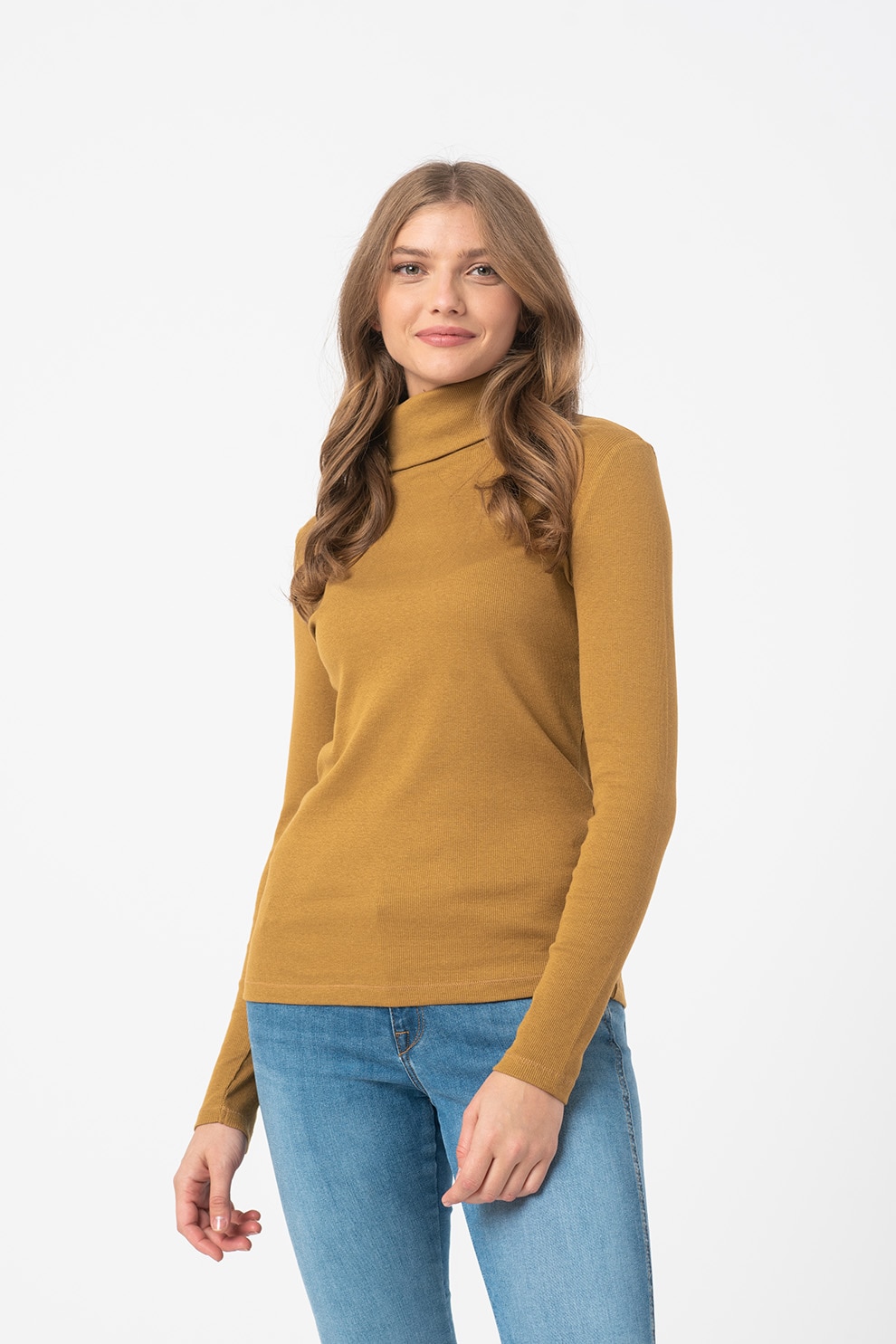 Esprit, Bluza din amestec de bumbac organic si modal cu guler inalt, Ocru