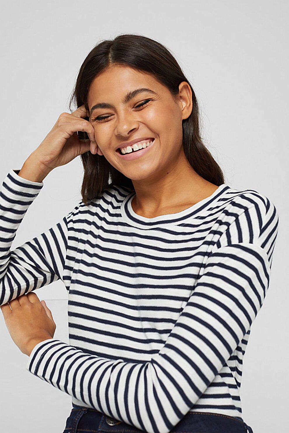Esprit, Bluza de bumbac organic cu dungi, Bleumarin/Alb