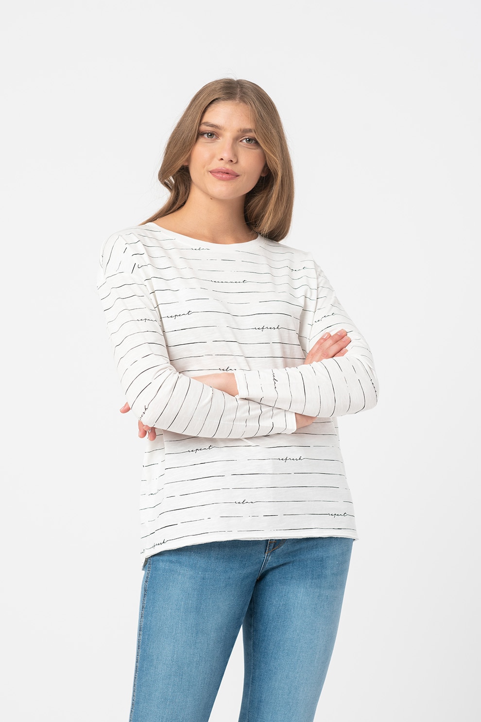 Esprit, Bluza de bumbac organic cu dungi, Alb/Negru, XS