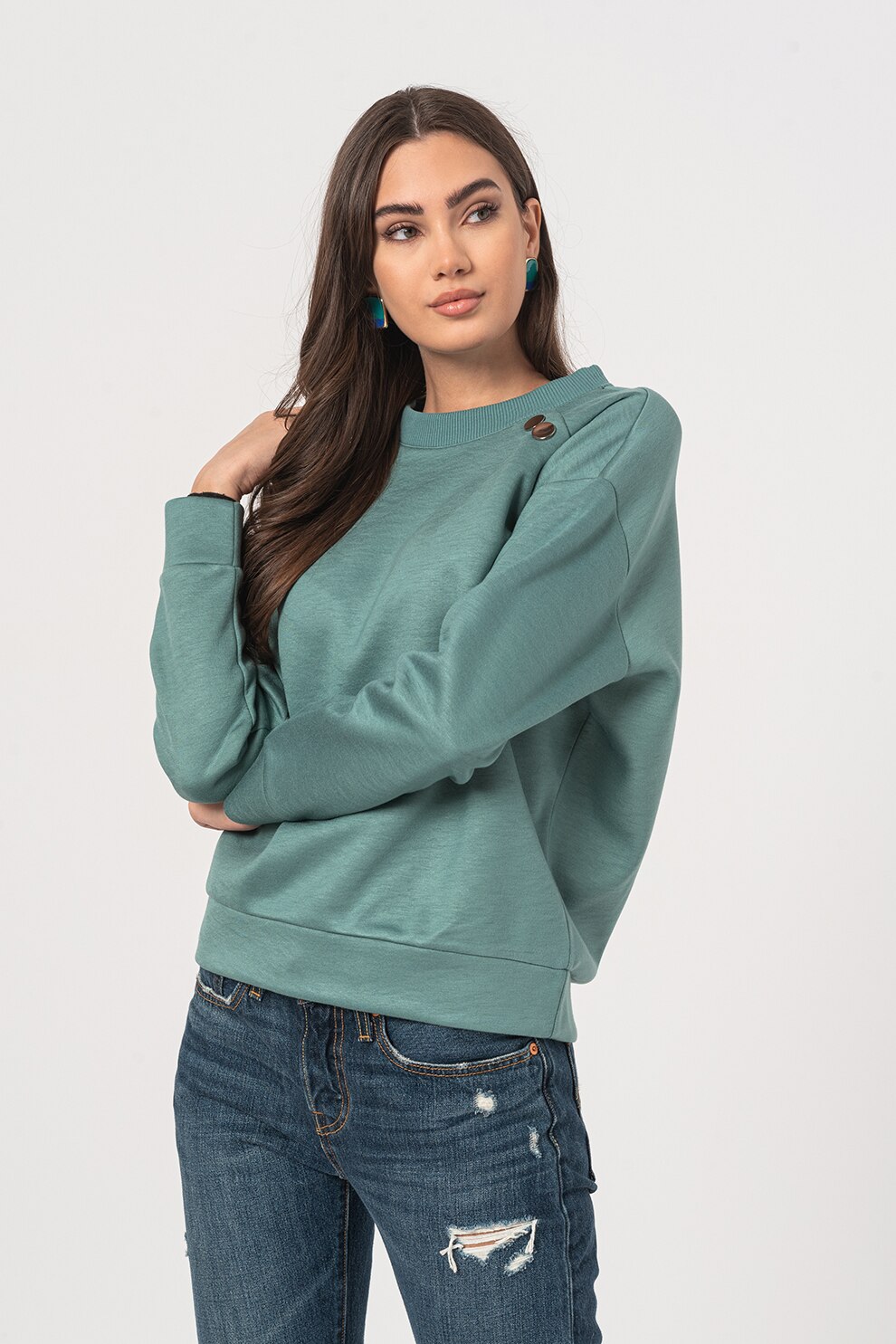 Esprit, Bluza sport cu maneci cazute, Verde persan