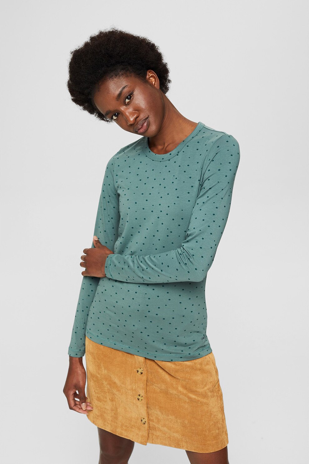 Esprit, Bluza din amestec de bumbac organic cu imprimeu, Verde persan