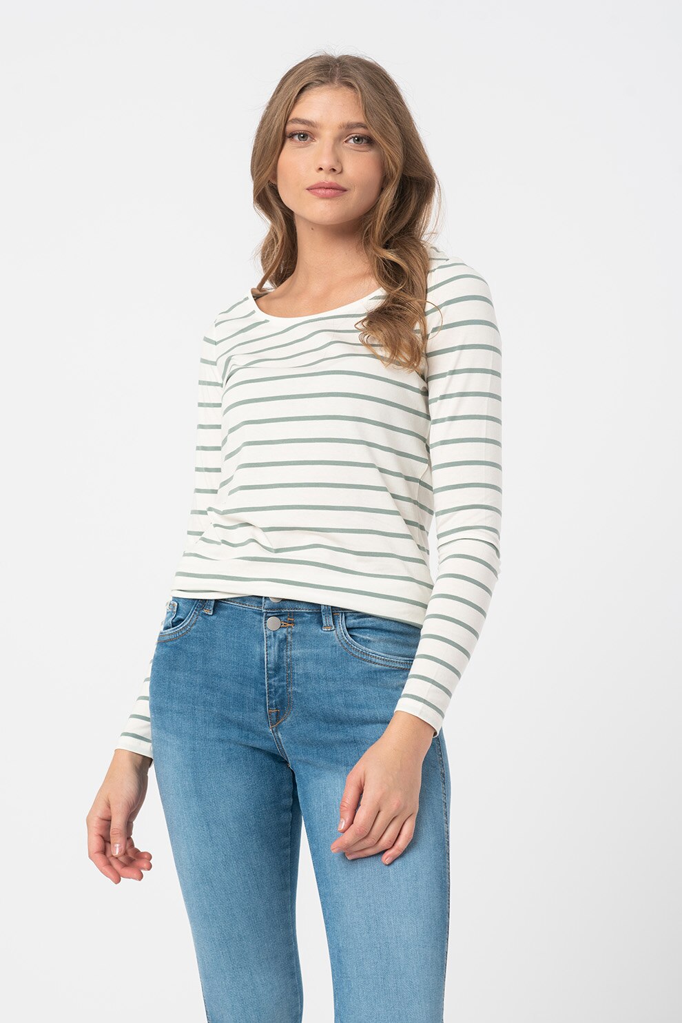Esprit, Bluza de bumbac organic cu dungi, Alb/Gri inchis, L