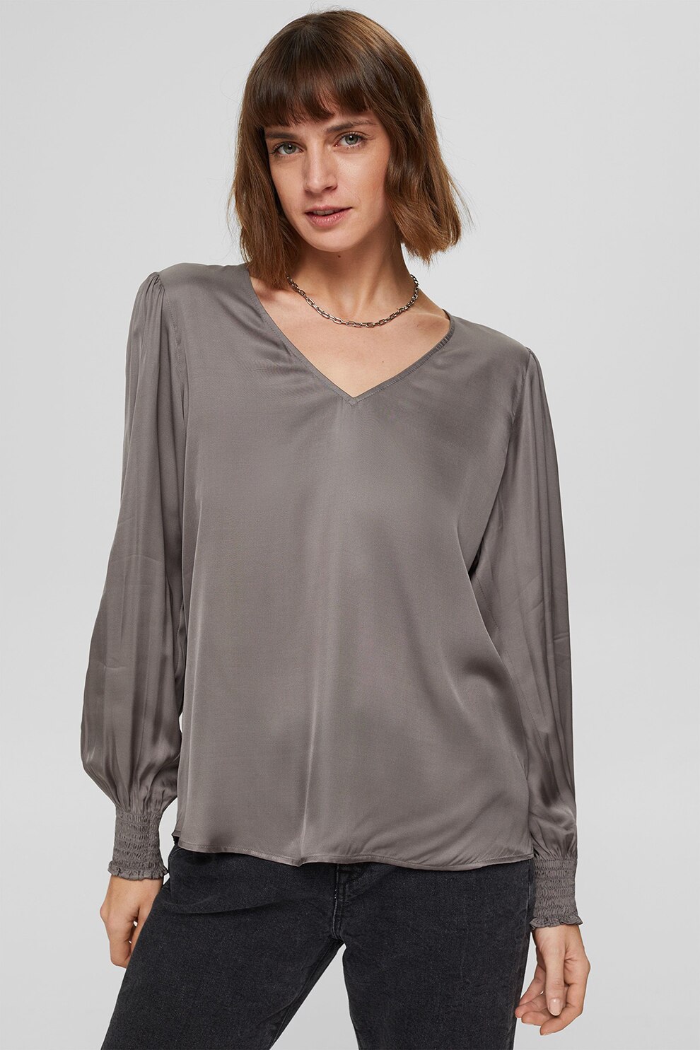 Esprit, Bluza vaporoasa de satin cu maneci bufante, Grej