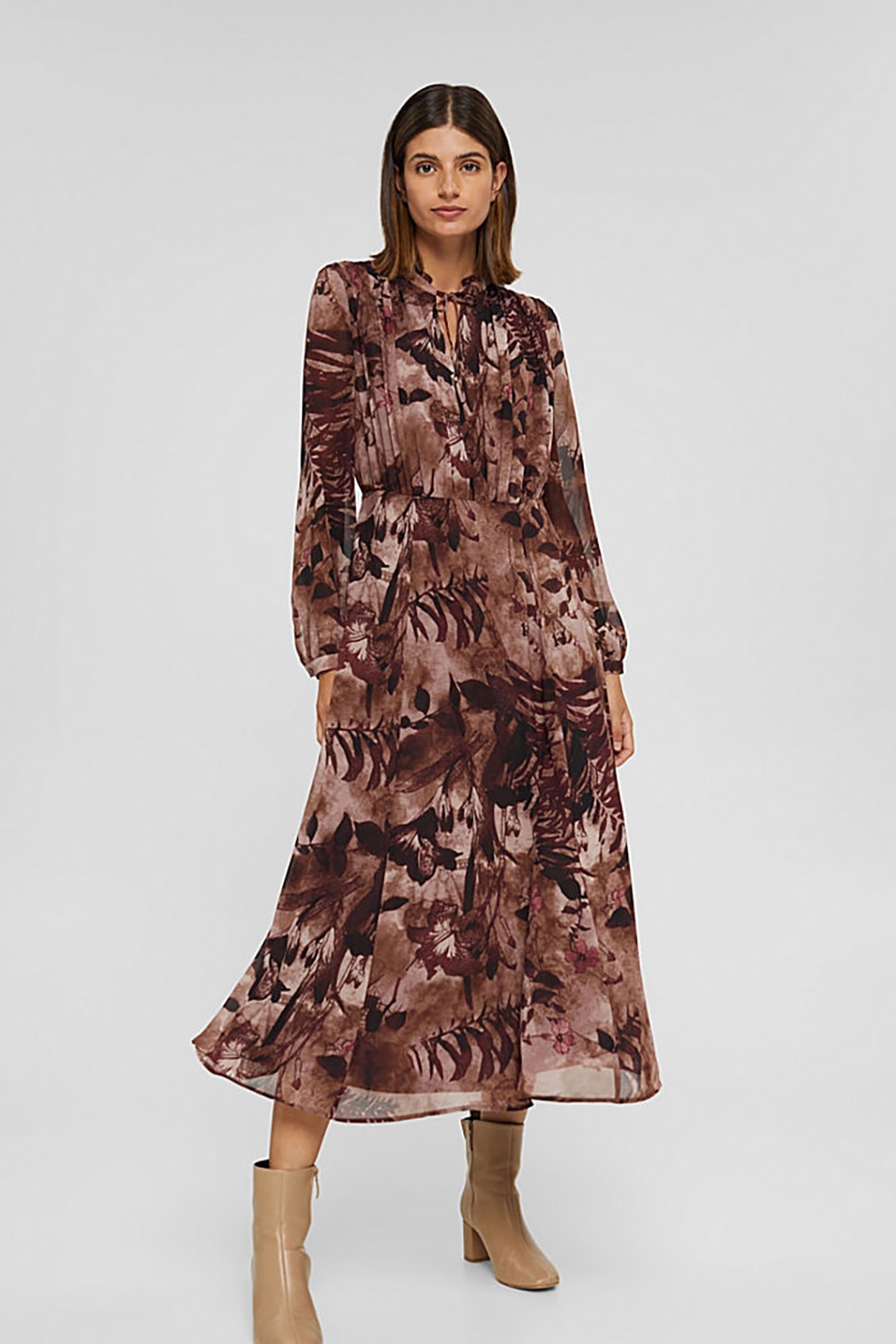 Esprit, Rochie midi evazata cu model floral si grafic, Maro coniac/Alb