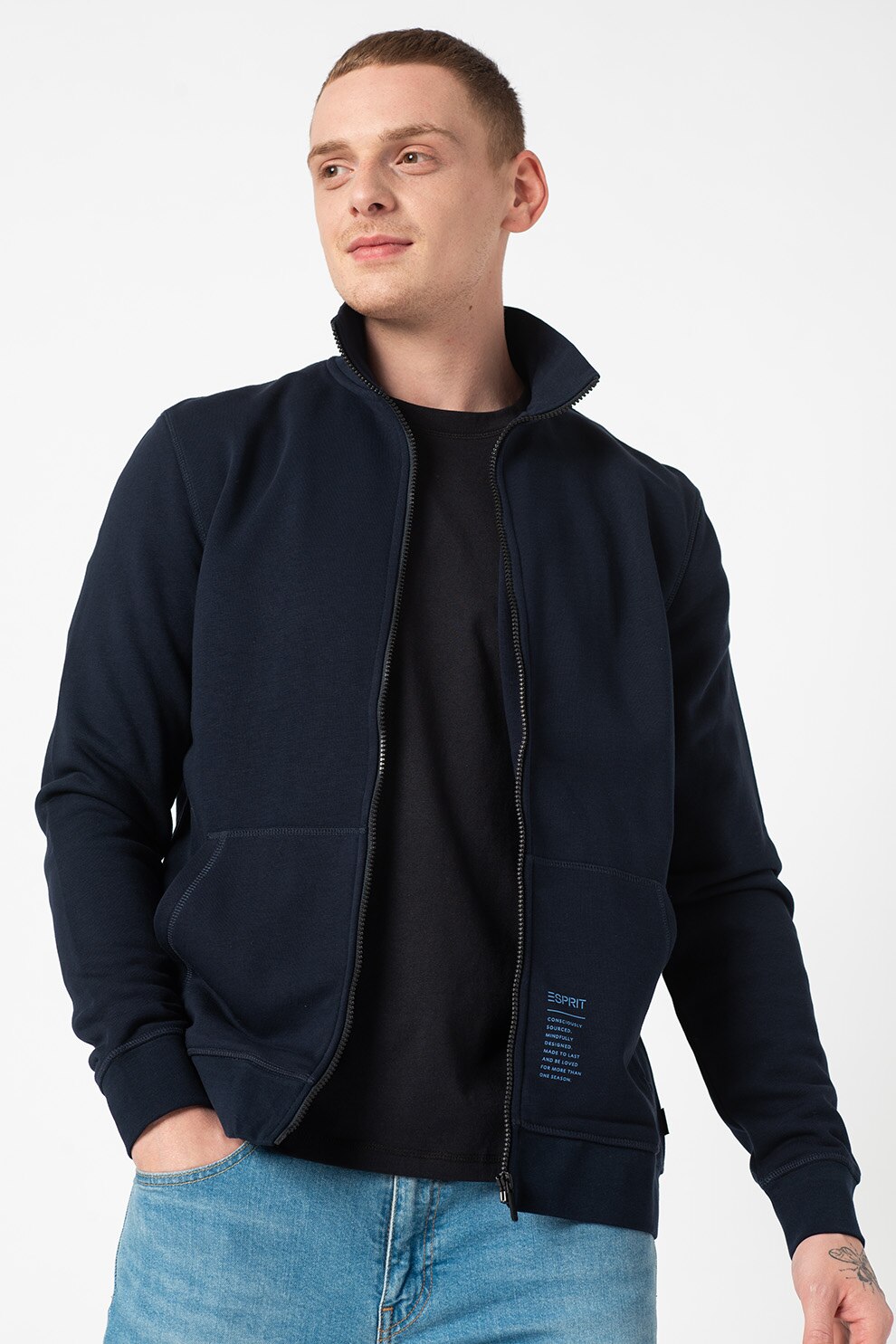 Esprit, Bluza sport regular fit din amestec de bumbac organic cu fermoar, bleumarin inchis