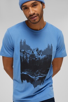 Esprit, Tricou de bumbac organic cu imprimeu grafic, Albastru/Negru