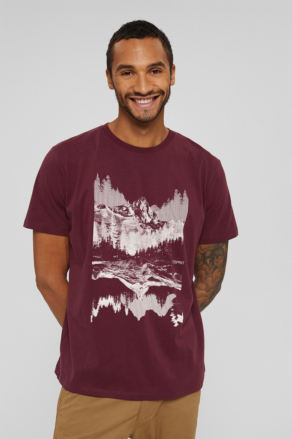 Esprit, Tricou de bumbac organic cu imprimeu grafic, Rosu Bordeaux/Alb