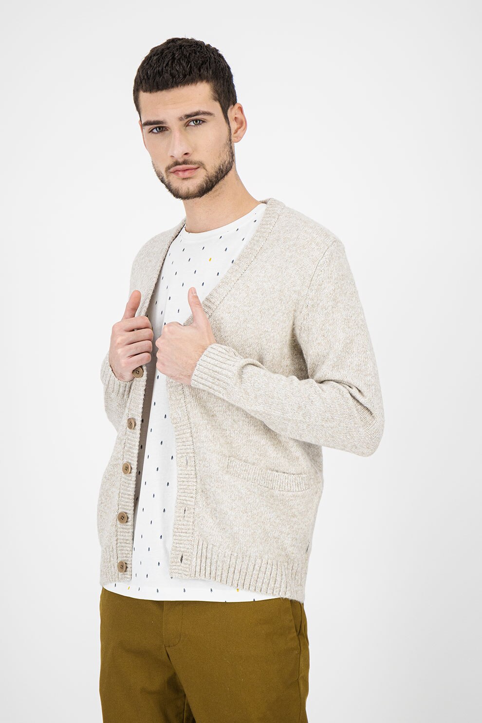 Esprit, Cardigan din amestec de lana cu decolteu in V, Cafeniu