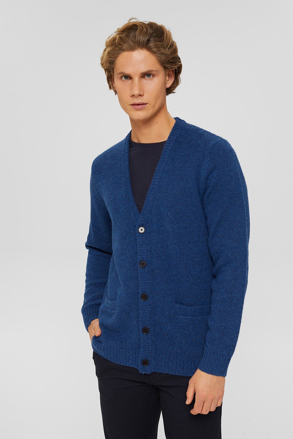 Esprit, Cardigan din amestec de lana cu decolteu in V, Albastru inchis