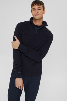 Esprit, Pulover de bumbac organic cu fenta cu fermoar, Bleumarin, S Esprit, Pulover de bumbac organic cu fenta cu fermoar, Bleumarin, S