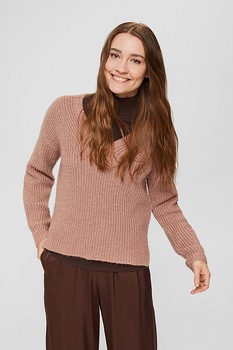 Esprit, Pulover din amestec de lana cu decolteu in V si aspect stralucitor, Rosu stins Esprit, Pulover din amestec de lana cu decolteu in V si aspect stralucitor, Rosu stins