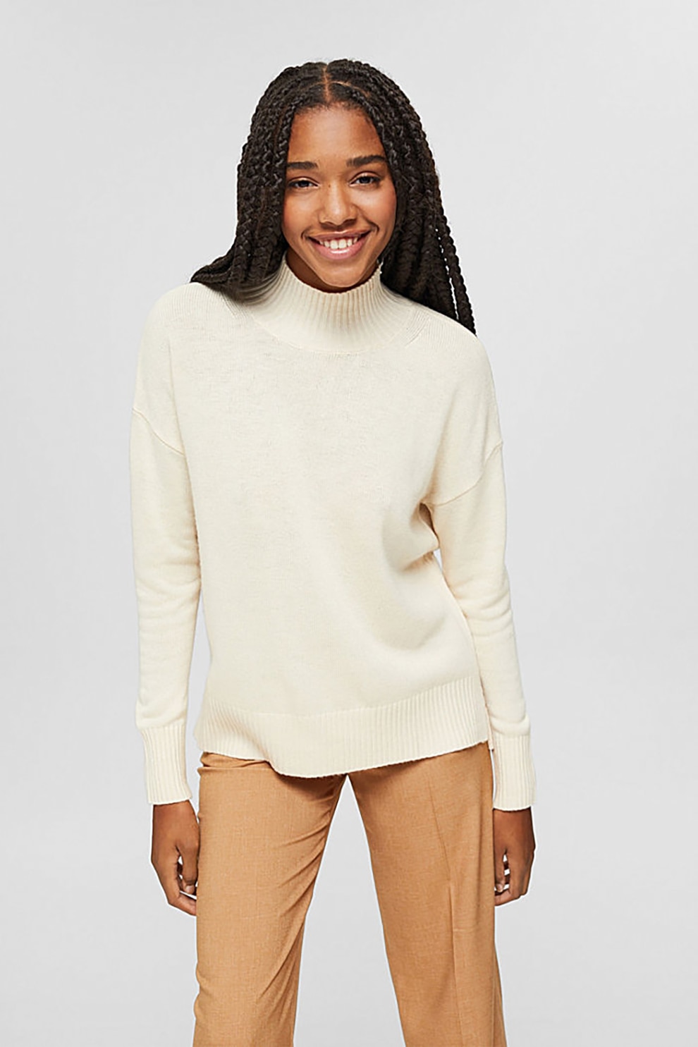 Esprit, Pulover din amestec de lana cu aspect de tricot fin, Crem