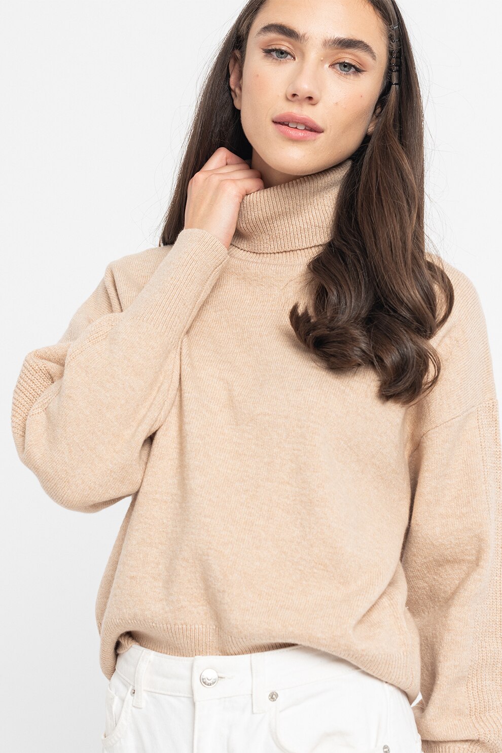 EDC by Esprit, Pulover din amestec de lana cu guler inalt si detalii striate, Maro camel