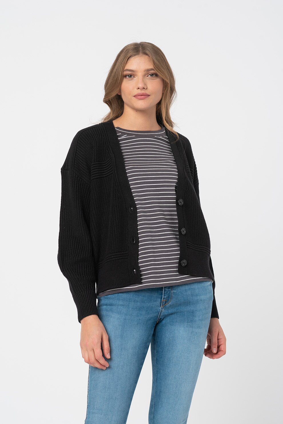 EDC by Esprit, Cardigan cu decolteu in V si margini striate, Gri carbune
