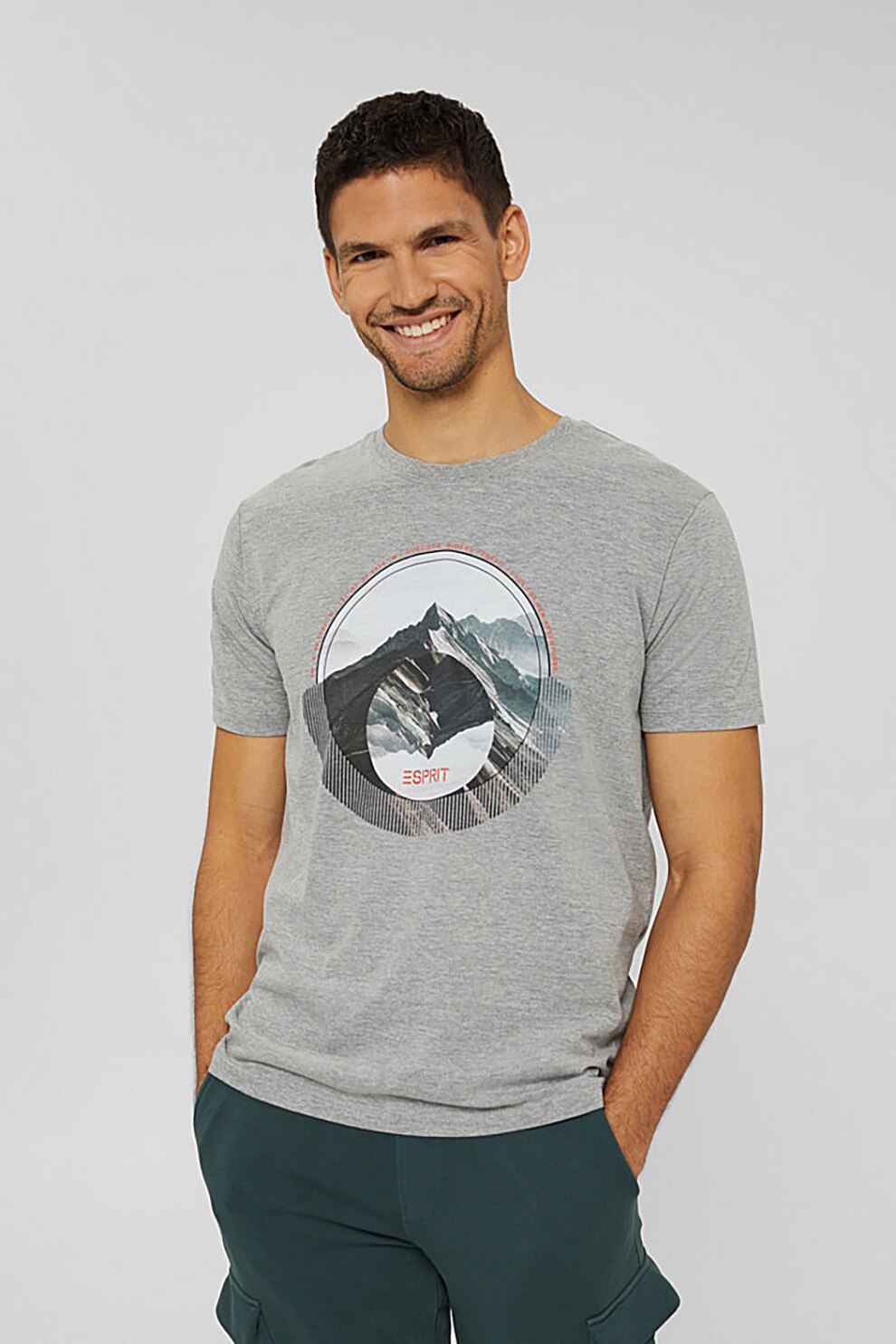 Esprit, Tricou din amestec de bumbac organic cu imprimeu grafic, Gri melange