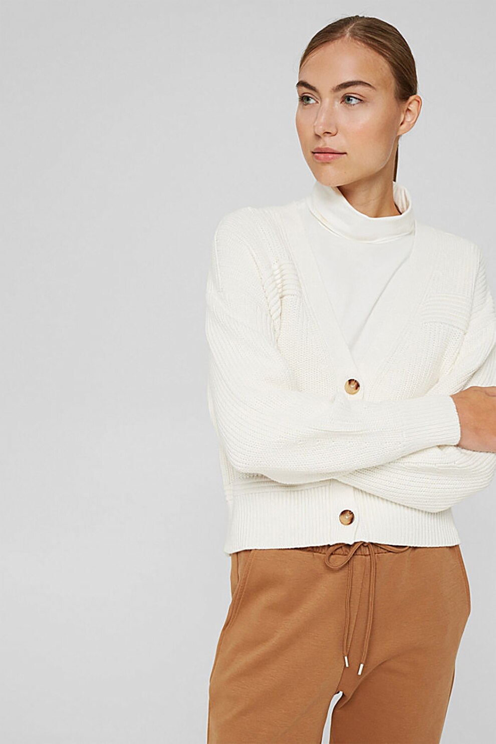 EDC by Esprit, Cardigan cu decolteu in V si margini striate, Alb