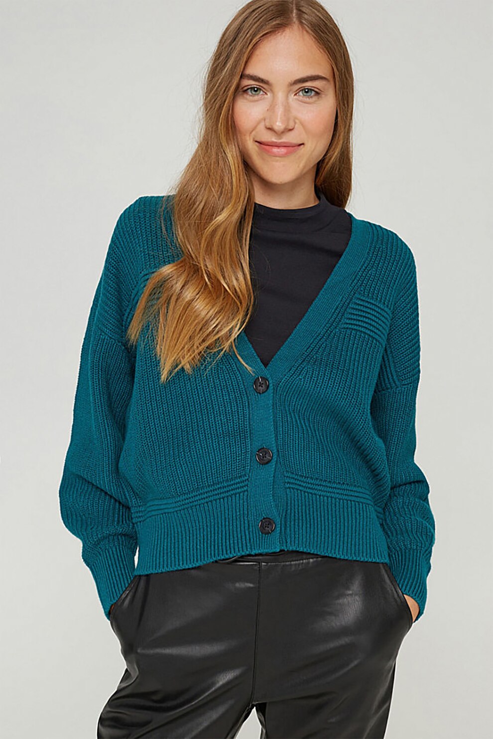 EDC by Esprit, Cardigan cu decolteu in V si margini striate, Albastru petrol