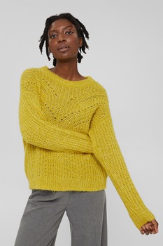 Esprit, Pulover din amestec de lana alpaca cu decolteu rotund, Galben mustar Esprit, Pulover din amestec de lana alpaca cu decolteu rotund, Galben mustar
