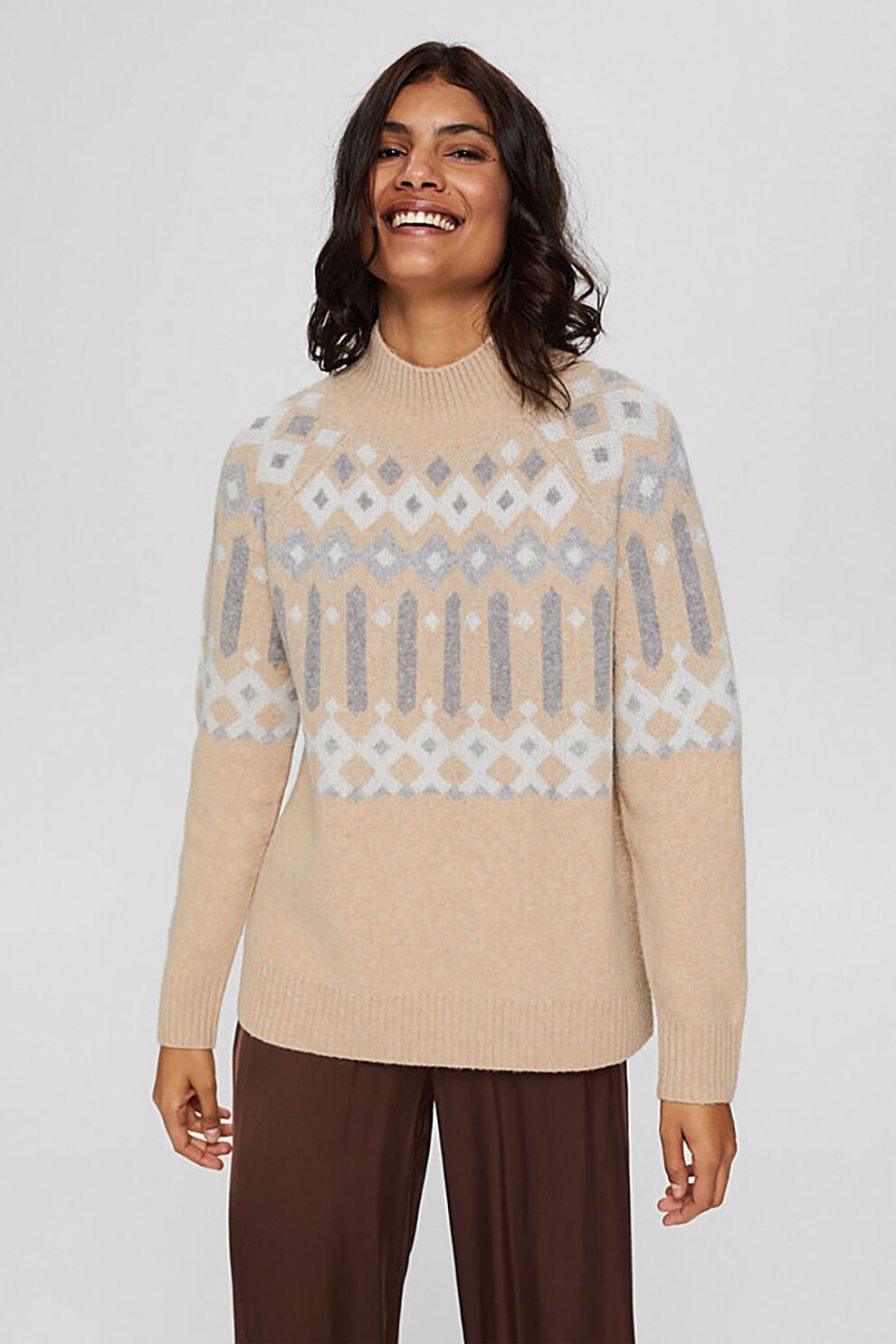 Esprit, Pulover din amestec de lana cu model geometric, maro nisip, gri, alb, L