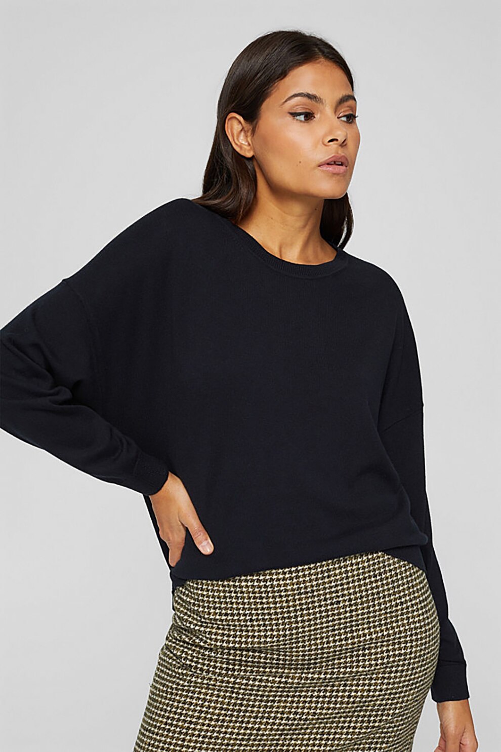 Esprit, Pulover lejer din amestec de bumbac organic, Negru