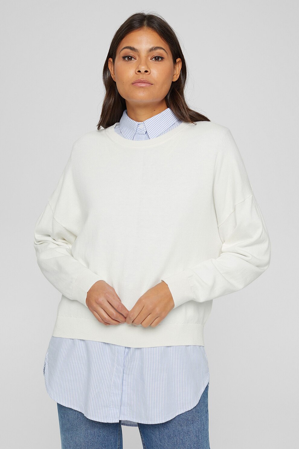 Esprit, Pulover lejer din amestec de bumbac organic, Alb