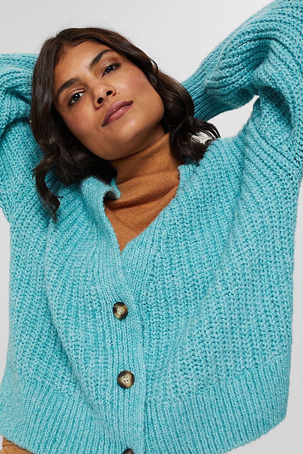 Esprit, Cardigan din amestec de bumbac organic cu decolteu in V si maneci cazute, Turcoaz