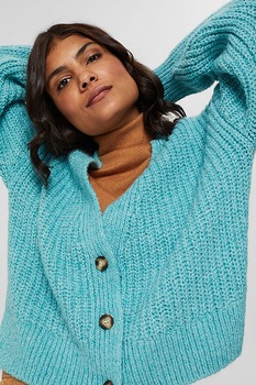 Esprit, Cardigan din amestec de bumbac organic cu decolteu in V si maneci cazute, Turcoaz Esprit, Cardigan din amestec de bumbac organic cu decolteu in V si maneci cazute, Turcoaz
