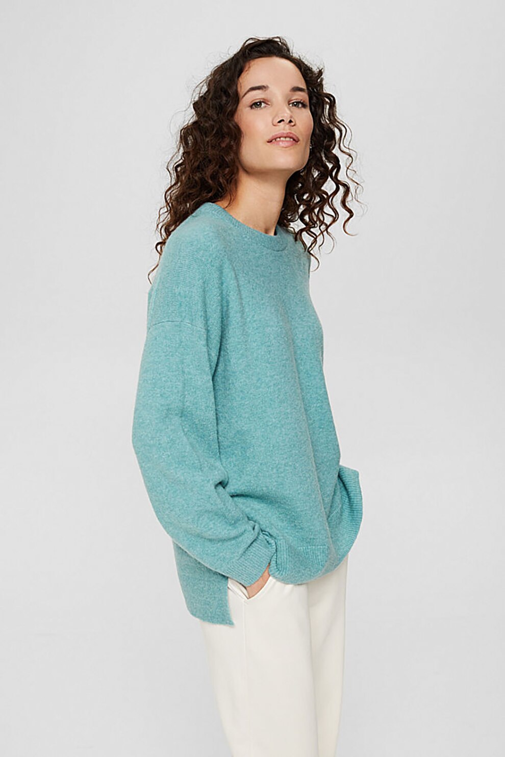 Esprit, Pulover relaxed fit din amestec de lana cu maneci cazute, Turcoaz