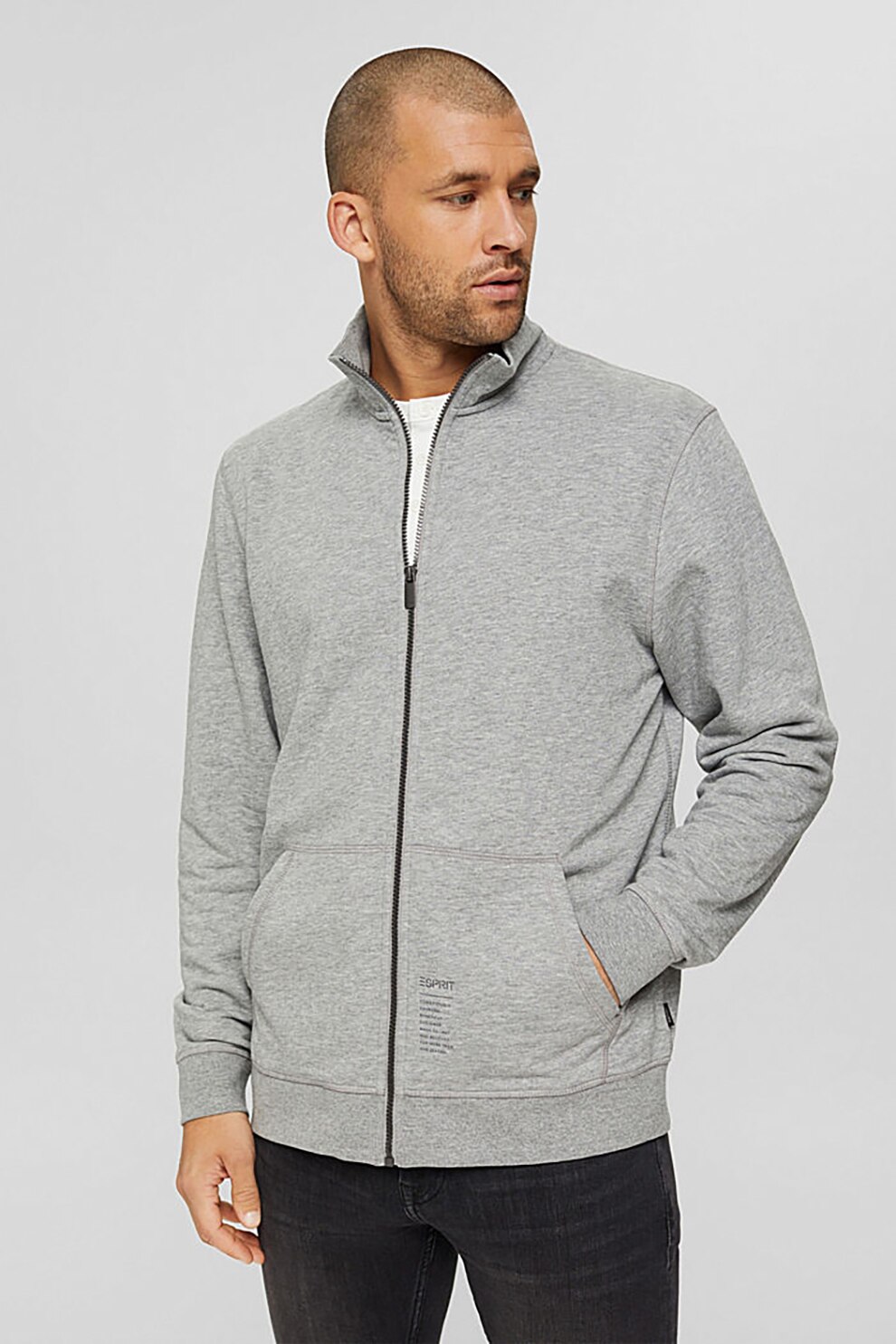 Esprit, Bluza sport cu fermoar si imprimeu logo, Gri deschis melange