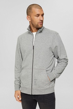 Esprit, Bluza sport cu fermoar si imprimeu logo, Gri deschis melange Esprit, Bluza sport cu fermoar si imprimeu logo, Gri deschis melange