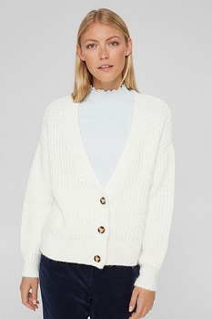 Esprit, Cardigan din amestec de bumbac organic cu decolteu in V si maneci cazute, Alb Esprit, Cardigan din amestec de bumbac organic cu decolteu in V si maneci cazute, Alb