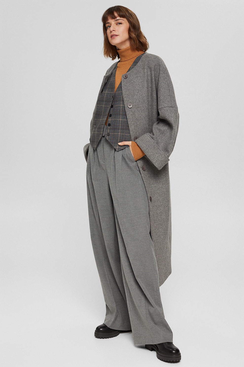 Esprit, Pantaloni palazzo cu croiala ampla si pliuri, Gri cenusa