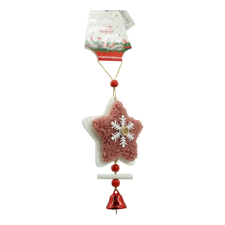 Ornament de brad broderie cu stea, Flippy, roz, lemn, 18 cm